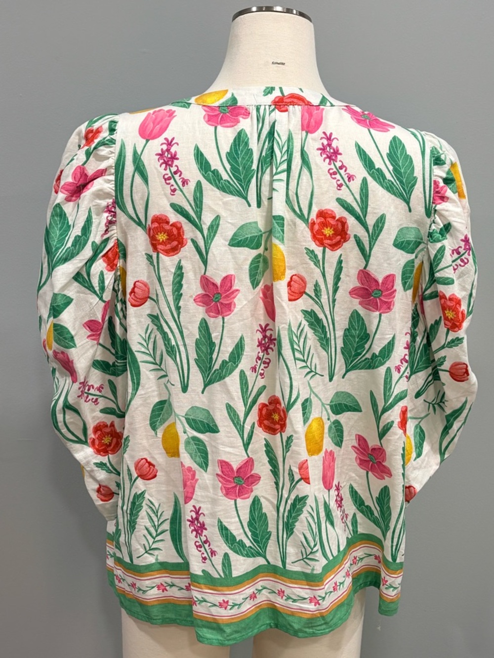 Rachel Zoe Linen Blend Pink Red and Yellow Lemons 3/4 Sleeve Tie Front Blouse XL - Picture 5 of 11